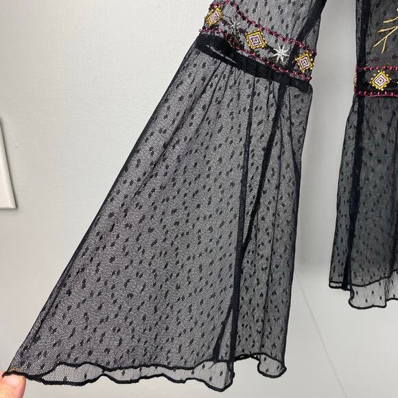 Altar’d State Black Boho Mesh Embroidered Bell Sleeve Blouse XS - Picture 5 of 9